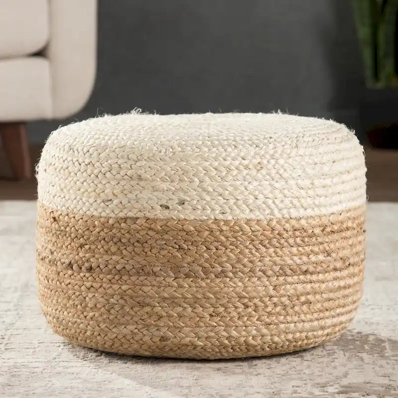 Pouf rond tressé en jute – Beige / Blanc / Gris clair / Bleu / Gris foncé / Rose clair / Taupe, Style Bohème, Individuel