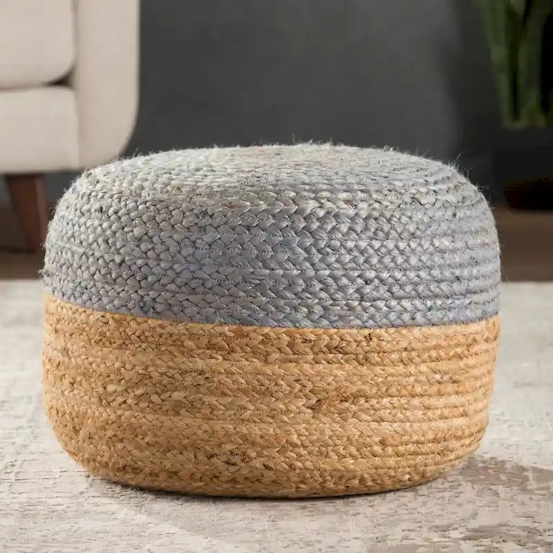 Pouf rond tressé en jute – Beige / Blanc / Gris clair / Bleu / Gris foncé / Rose clair / Taupe, Style Bohème, Individuel
