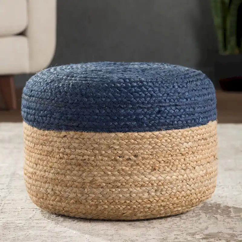 Pouf rond tressé en jute – Beige / Blanc / Gris clair / Bleu / Gris foncé / Rose clair / Taupe, Style Bohème, Individuel