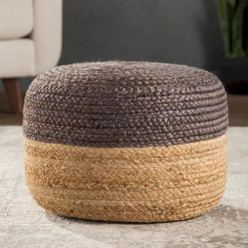 Pouf rond tressé en jute – Beige / Blanc / Gris clair / Bleu / Gris foncé / Rose clair / Taupe, Style Bohème, Individuel