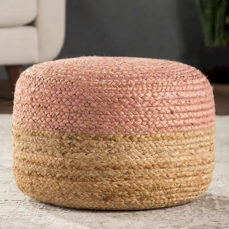 Pouf rond tressé en jute – Beige / Blanc / Gris clair / Bleu / Gris foncé / Rose clair / Taupe, Style Bohème, Individuel