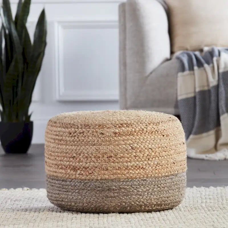 Pouf rond tressé en jute – Beige / Blanc / Gris clair / Bleu / Gris foncé / Rose clair / Taupe, Style Bohème, Individuel