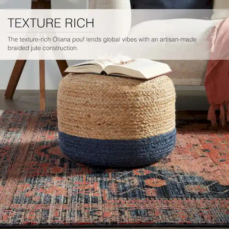 Pouf rond tressé en jute – Beige / Blanc / Gris clair / Bleu / Gris foncé / Rose clair / Taupe, Style Bohème, Individuel