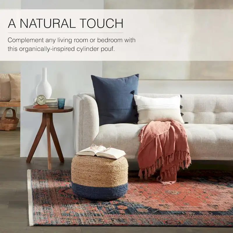 Pouf rond tressé en jute – Beige / Blanc / Gris clair / Bleu / Gris foncé / Rose clair / Taupe, Style Bohème, Individuel