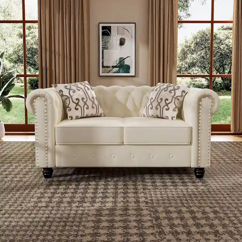 Causeuse Chesterfield en velours avec capitonnage, accoudoirs volutes et pieds tournés – Beige / Bleu clair / Gris clair, style classique, 2 places