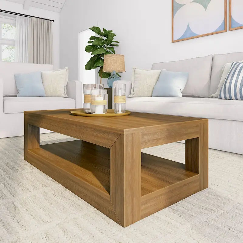Table basse rectangulaire avec étagère – Blanc côtier / Noyer pacane / Coquillage / Brossé blond, Style moderne, Unique