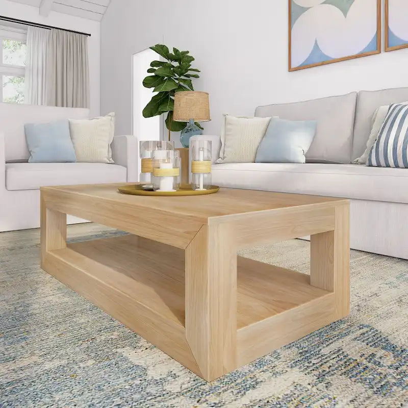 Table basse rectangulaire avec étagère – Blanc côtier / Noyer pacane / Coquillage / Brossé blond, Style moderne, Unique