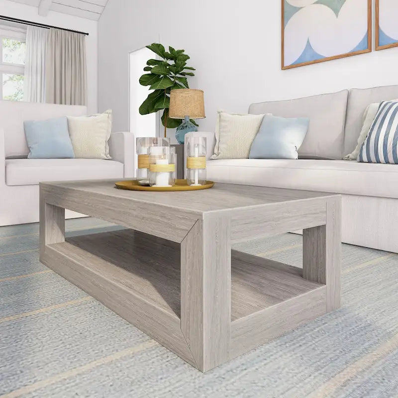 Plank and Beam Modern Rectangular Coffee Table with Shelf