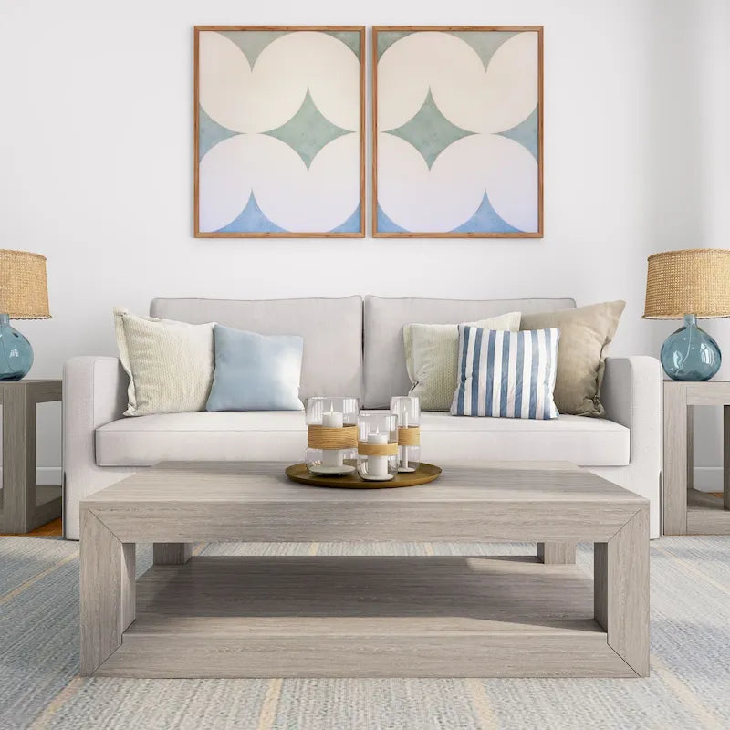 Table basse rectangulaire avec étagère – Blanc côtier / Noyer pacane / Coquillage / Brossé blond, Style moderne, Unique