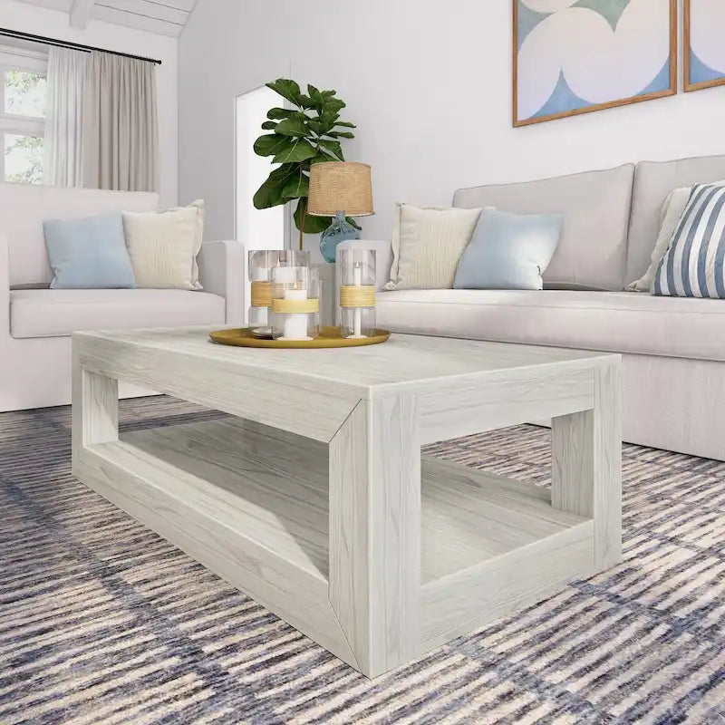 Table basse rectangulaire avec étagère – Blanc côtier / Noyer pacane / Coquillage / Brossé blond, Style moderne, Unique
