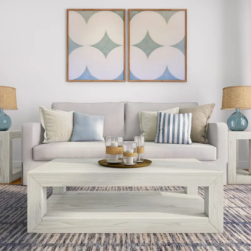 Table basse rectangulaire avec étagère – Blanc côtier / Noyer pacane / Coquillage / Brossé blond, Style moderne, Unique