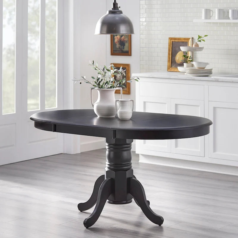 Table de salle à manger à fût en bois d'hévéa massif avec rallonge – Blanc/Naturel / Chêne / Gris/Noyer / Noir mat, style campagnard, 4-6 personnes