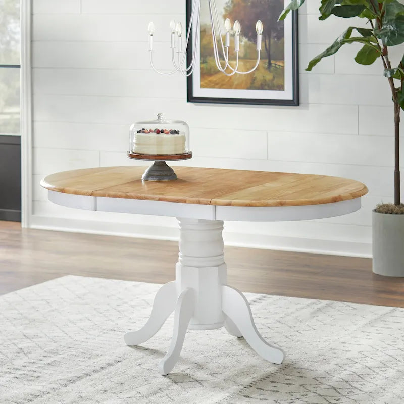 Table de salle à manger à fût en bois d'hévéa massif avec rallonge – Blanc/Naturel / Chêne / Gris/Noyer / Noir mat, style campagnard, 4-6 personnes