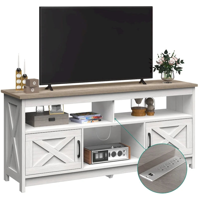 Meuble TV de style rustique avec portes en X, étagères ouvertes et prise de courant intégrée – Aspect grain de bois, style rustique moderne, disponible en largeurs 35 po / 59 po / 65 po