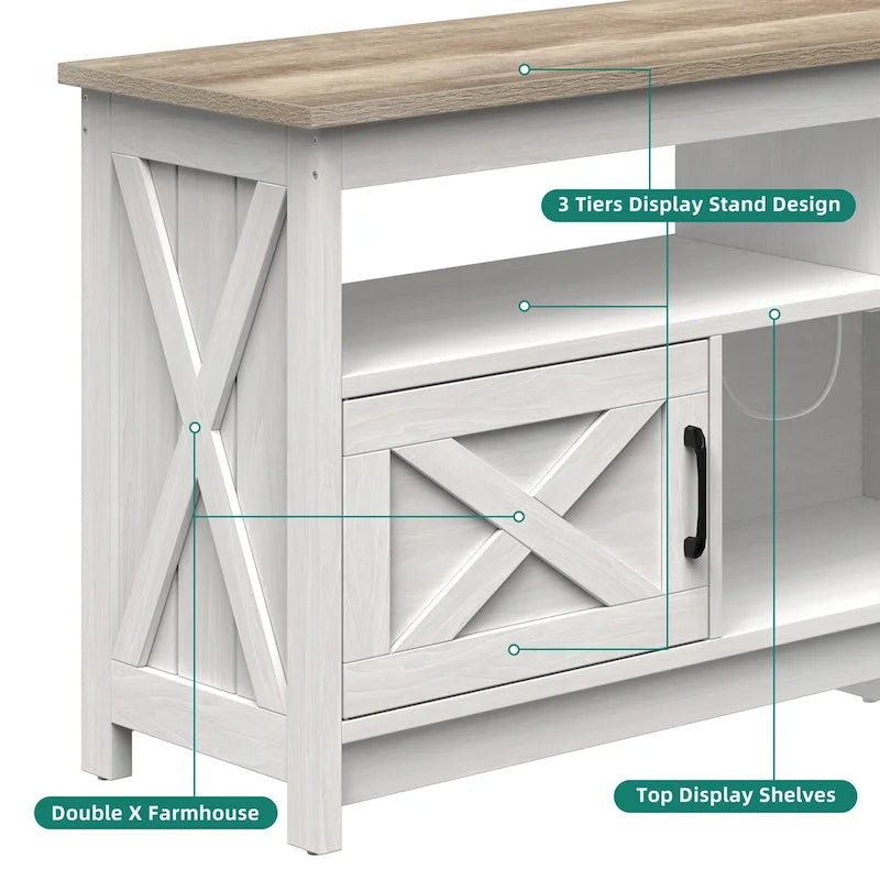 Meuble TV de style rustique avec portes en X, étagères ouvertes et prise de courant intégrée – Aspect grain de bois, style rustique moderne, disponible en largeurs 35 po / 59 po / 65 po