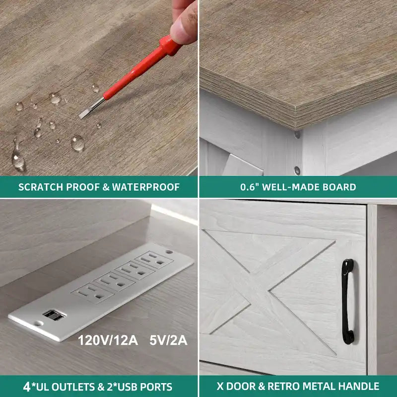 Meuble TV de style rustique avec portes en X, étagères ouvertes et prise de courant intégrée – Aspect grain de bois, style rustique moderne, disponible en largeurs 35 po / 59 po / 65 po