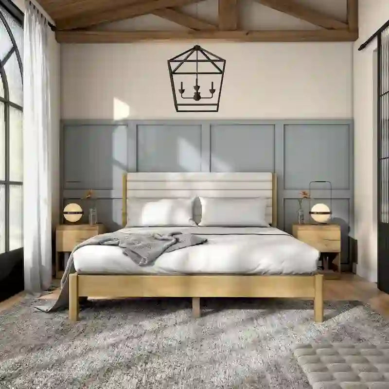 Lit plateforme capitonné Channel Queen - Boucle Blanc / Velours côtelé Marron Clair, Bois Naturel / Noyer Foncé, Style Moderne, Simple