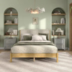 Lit plateforme capitonné Channel Queen - Boucle Blanc / Velours côtelé Marron Clair, Bois Naturel / Noyer Foncé, Style Moderne, Simple