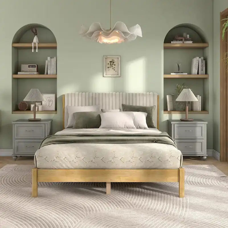 Lit plateforme capitonné Channel Queen - Boucle Blanc / Velours côtelé Marron Clair, Bois Naturel / Noyer Foncé, Style Moderne, Simple