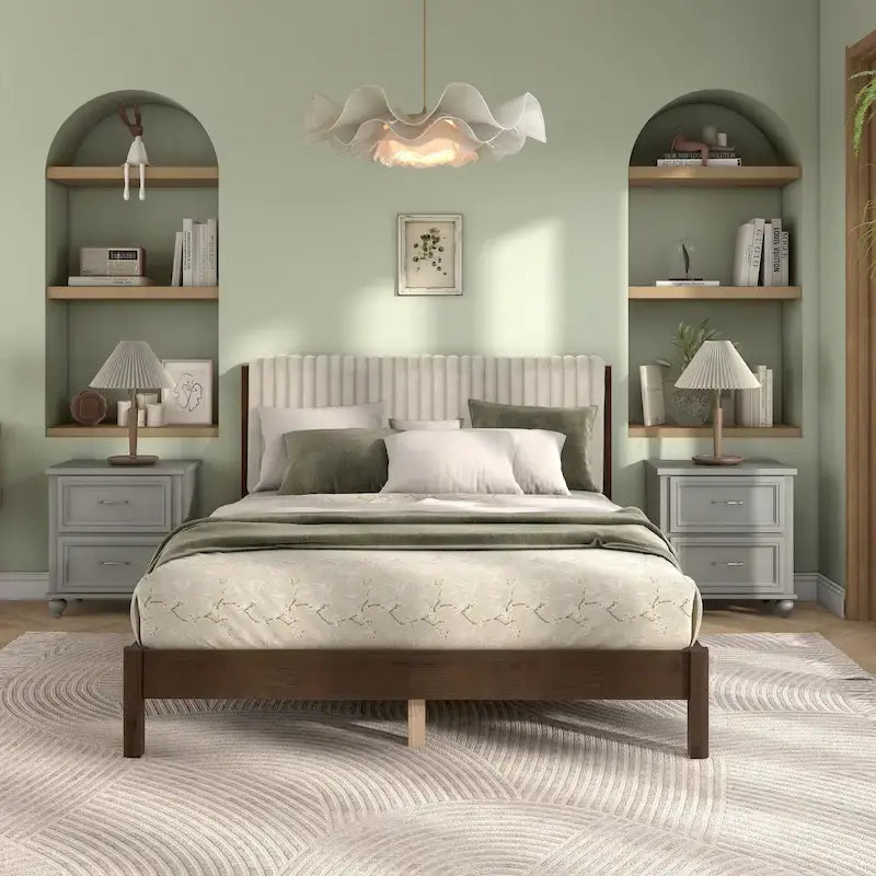 Lit plateforme capitonné Channel Queen - Boucle Blanc / Velours côtelé Marron Clair, Bois Naturel / Noyer Foncé, Style Moderne, Simple