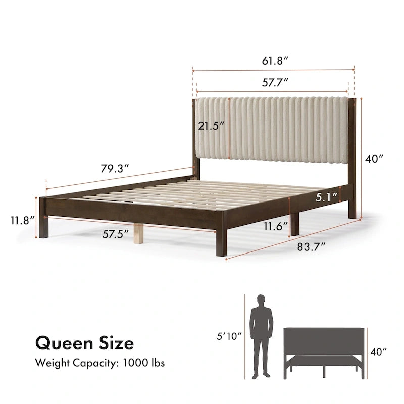 Lit plateforme capitonné Channel Queen - Boucle Blanc / Velours côtelé Marron Clair, Bois Naturel / Noyer Foncé, Style Moderne, Simple