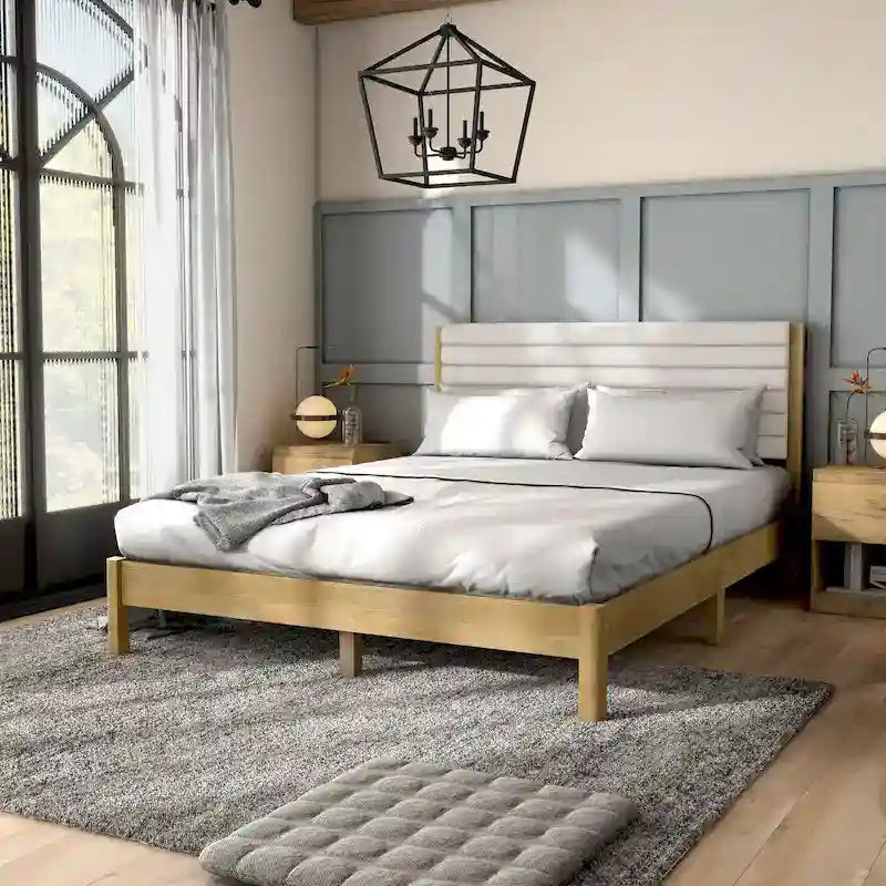 Lit plateforme capitonné Channel Queen - Boucle Blanc / Velours côtelé Marron Clair, Bois Naturel / Noyer Foncé, Style Moderne, Simple