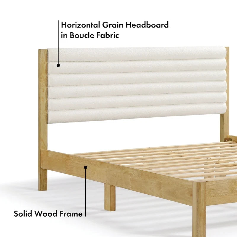 Lit plateforme capitonné Channel Queen - Boucle Blanc / Velours côtelé Marron Clair, Bois Naturel / Noyer Foncé, Style Moderne, Simple