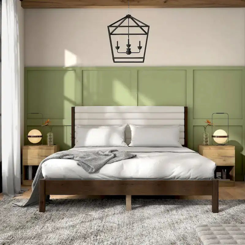 Lit plateforme capitonné Channel Queen - Boucle Blanc / Velours côtelé Marron Clair, Bois Naturel / Noyer Foncé, Style Moderne, Simple