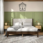 Lit plateforme capitonné Channel Queen - Boucle Blanc / Velours côtelé Marron Clair, Bois Naturel / Noyer Foncé, Style Moderne, Simple