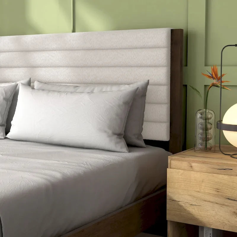 Lit plateforme capitonné Channel Queen - Boucle Blanc / Velours côtelé Marron Clair, Bois Naturel / Noyer Foncé, Style Moderne, Simple