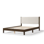 Lit plateforme capitonné Channel Queen - Boucle Blanc / Velours côtelé Marron Clair, Bois Naturel / Noyer Foncé, Style Moderne, Simple