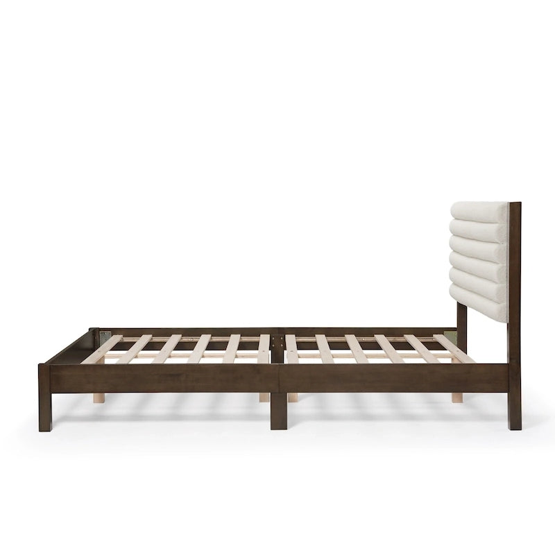 Lit plateforme capitonné Channel Queen - Boucle Blanc / Velours côtelé Marron Clair, Bois Naturel / Noyer Foncé, Style Moderne, Simple