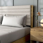Lit plateforme capitonné Channel Queen - Boucle Blanc / Velours côtelé Marron Clair, Bois Naturel / Noyer Foncé, Style Moderne, Simple
