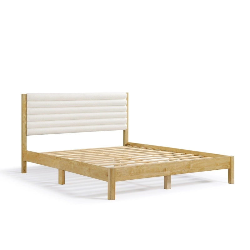 Lit plateforme capitonné Channel Queen - Boucle Blanc / Velours côtelé Marron Clair, Bois Naturel / Noyer Foncé, Style Moderne, Simple