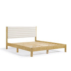 Lit plateforme capitonné Channel Queen - Boucle Blanc / Velours côtelé Marron Clair, Bois Naturel / Noyer Foncé, Style Moderne, Simple