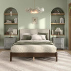 Lit plateforme capitonné Channel Queen - Boucle Blanc / Velours côtelé Marron Clair, Bois Naturel / Noyer Foncé, Style Moderne, Simple