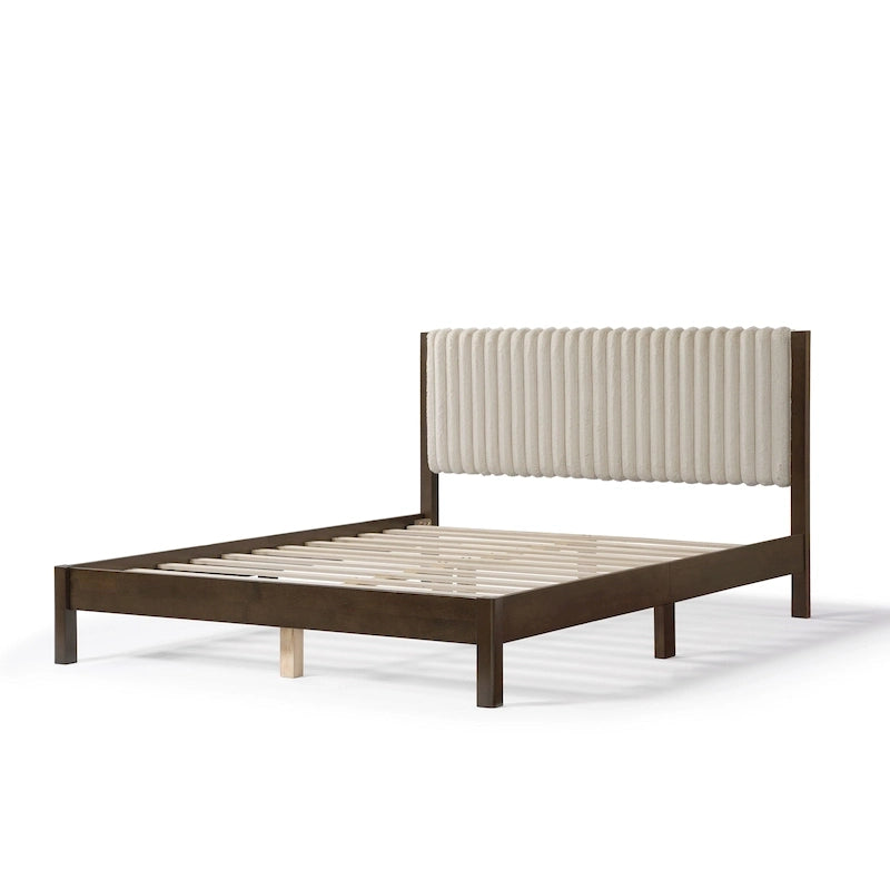 Lit plateforme capitonné Channel Queen - Boucle Blanc / Velours côtelé Marron Clair, Bois Naturel / Noyer Foncé, Style Moderne, Simple