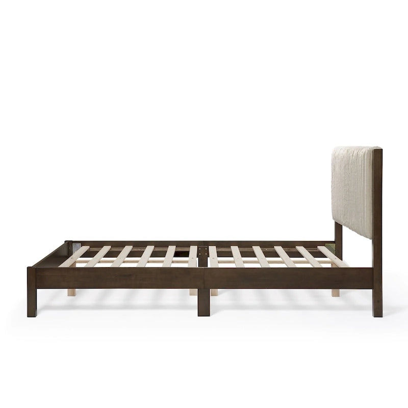 Lit plateforme capitonné Channel Queen - Boucle Blanc / Velours côtelé Marron Clair, Bois Naturel / Noyer Foncé, Style Moderne, Simple
