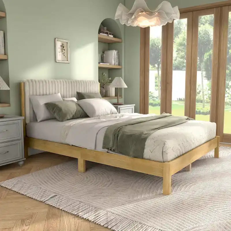 Lit plateforme capitonné Channel Queen - Boucle Blanc / Velours côtelé Marron Clair, Bois Naturel / Noyer Foncé, Style Moderne, Simple