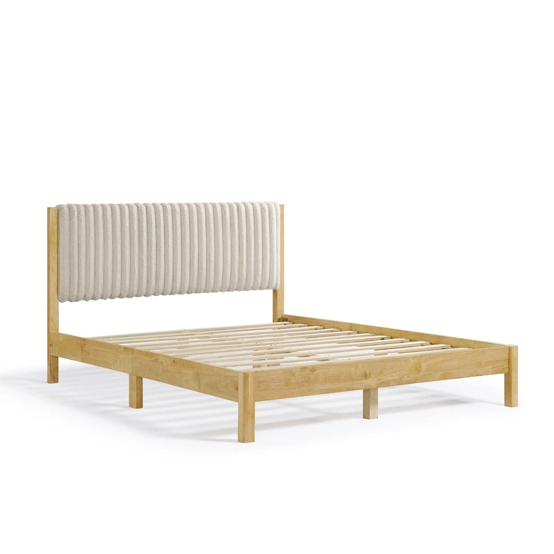 Lit plateforme capitonné Channel Queen - Boucle Blanc / Velours côtelé Marron Clair, Bois Naturel / Noyer Foncé, Style Moderne, Simple