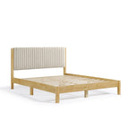 Lit plateforme capitonné Channel Queen - Boucle Blanc / Velours côtelé Marron Clair, Bois Naturel / Noyer Foncé, Style Moderne, Simple