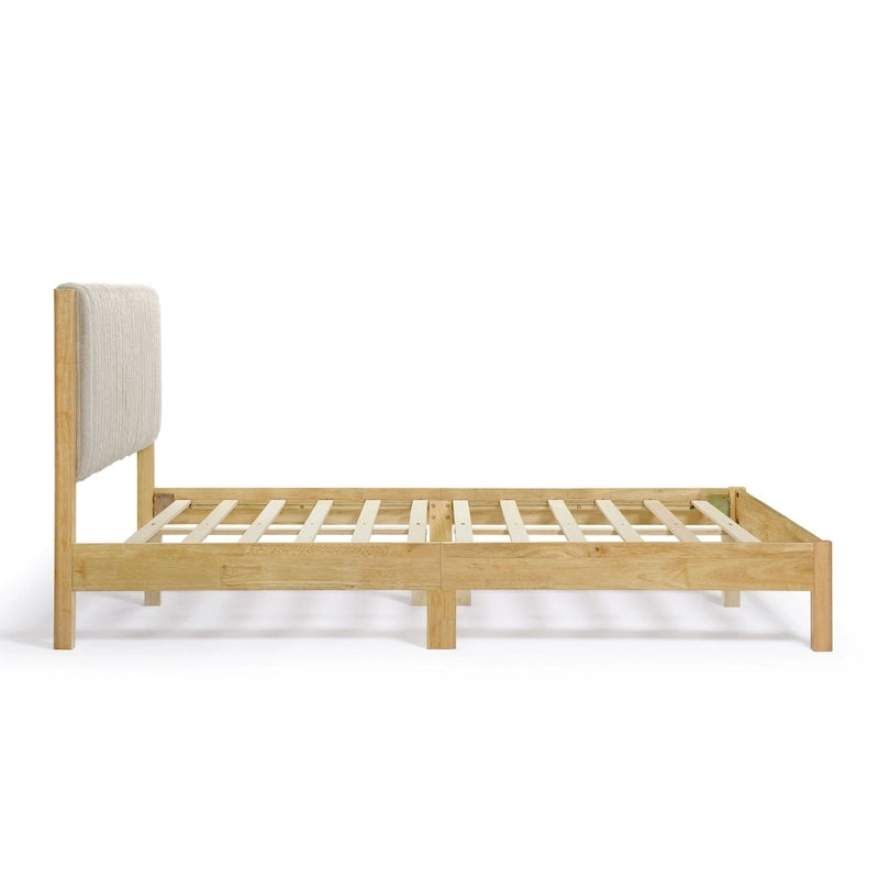 Lit plateforme capitonné Channel Queen - Boucle Blanc / Velours côtelé Marron Clair, Bois Naturel / Noyer Foncé, Style Moderne, Simple