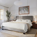 Cadre de lit king-size rembourré – Beige / Gris / Gris clair / Bleu, Style moderne, Lit simple