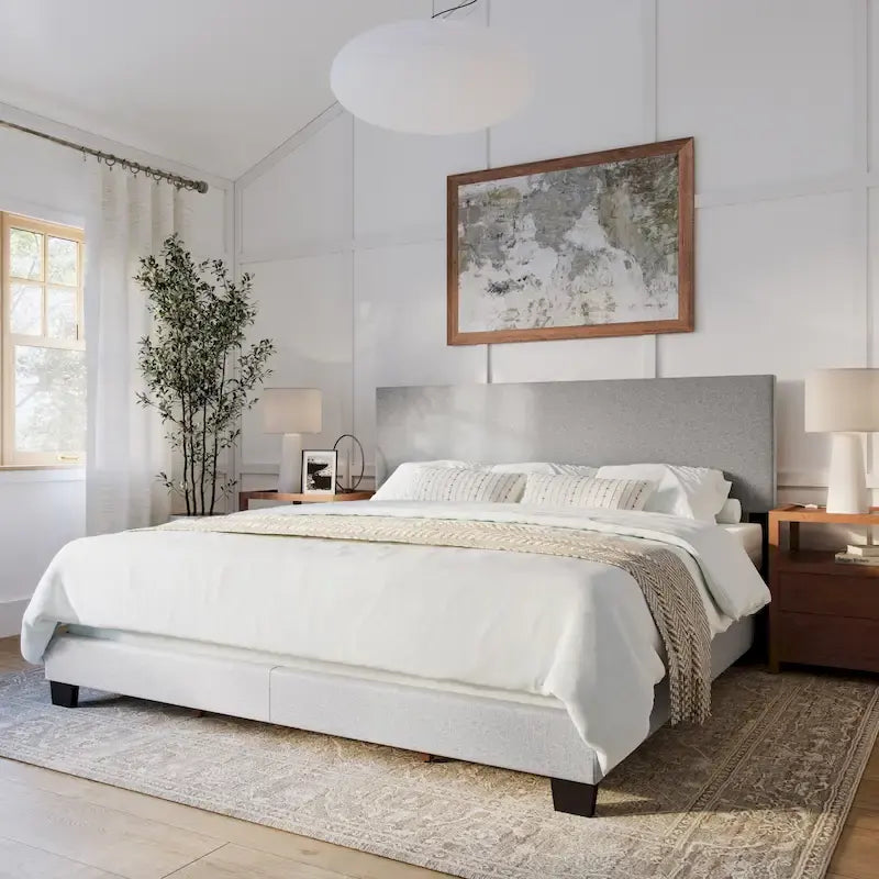 Cadre de lit king-size rembourré – Beige / Gris / Gris clair / Bleu, Style moderne, Lit simple