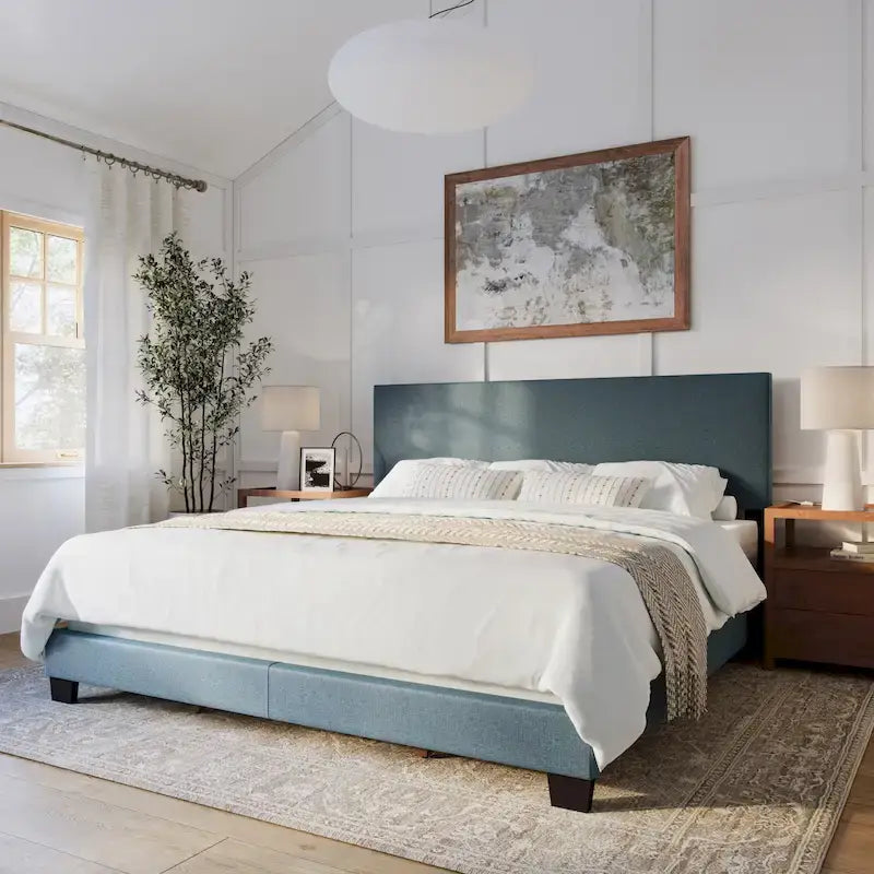 Cadre de lit king-size rembourré – Beige / Gris / Gris clair / Bleu, Style moderne, Lit simple
