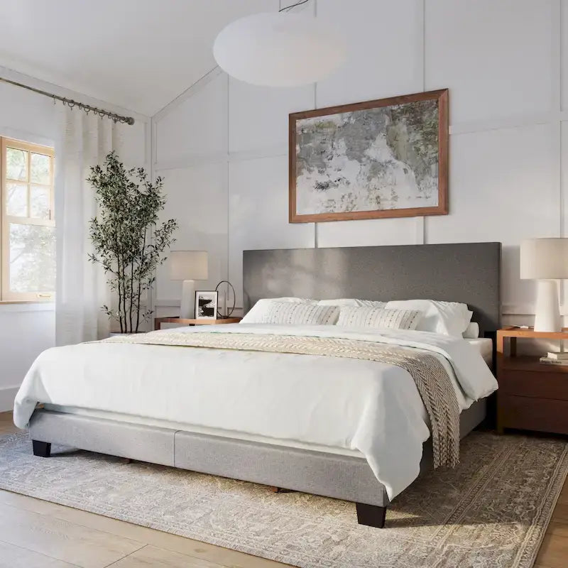 Cadre de lit king-size rembourré – Beige / Gris / Gris clair / Bleu, Style moderne, Lit simple