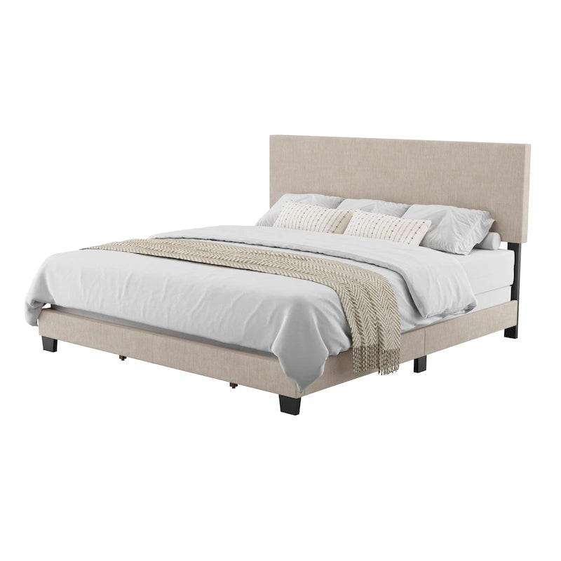 Cadre de lit king-size rembourré – Beige / Gris / Gris clair / Bleu, Style moderne, Lit simple