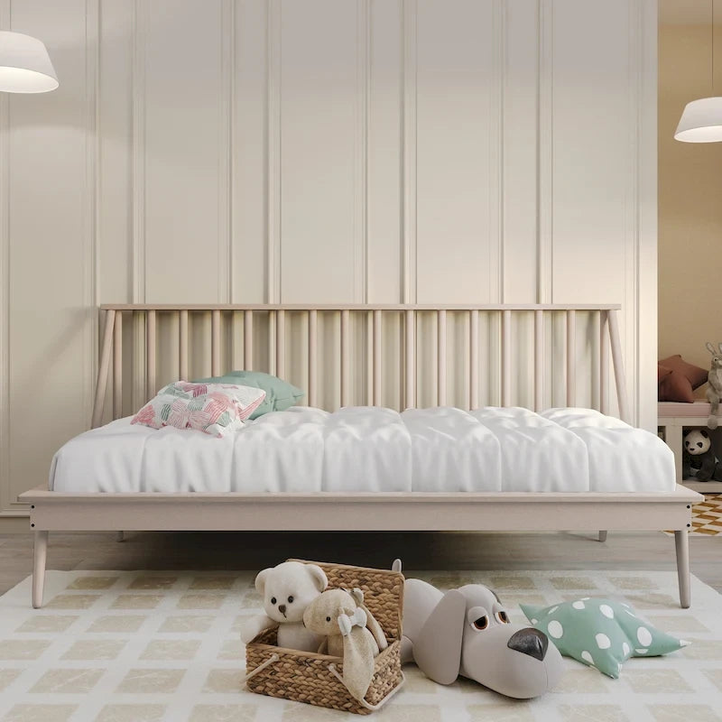 Lit de repos gigogne en bois avec fuseaux – Noir / Blanc / Chêne clair / Gris antique / Noyer, style vintage, une place