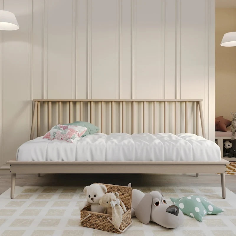 Lit de repos gigogne en bois avec fuseaux – Noir / Blanc / Chêne clair / Gris antique / Noyer, style vintage, une place