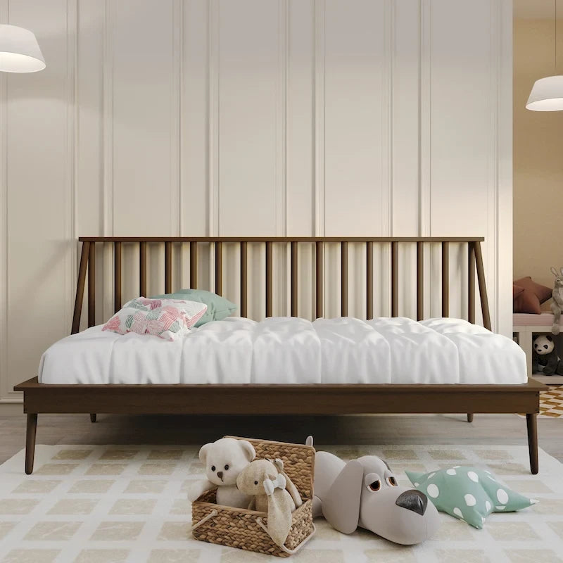 Lit de repos gigogne en bois avec fuseaux – Noir / Blanc / Chêne clair / Gris antique / Noyer, style vintage, une place